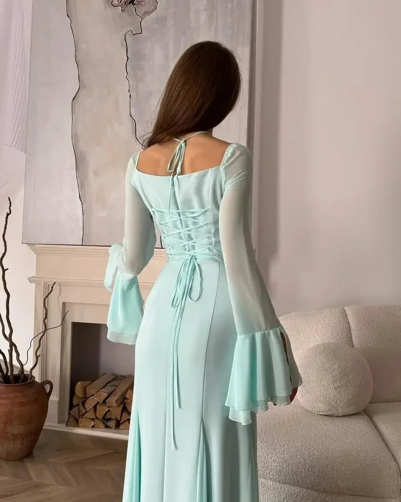 Weitese Dress Evening Dresses Mermaid Long Sleeves Prom Gowns Square Pleated Chiffon Floor Length Party Dress